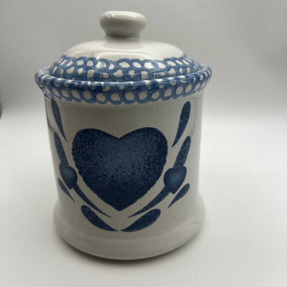 Vintage 1980s Blue Heart Ceramic Canister | Farmhouse Country Kitchen